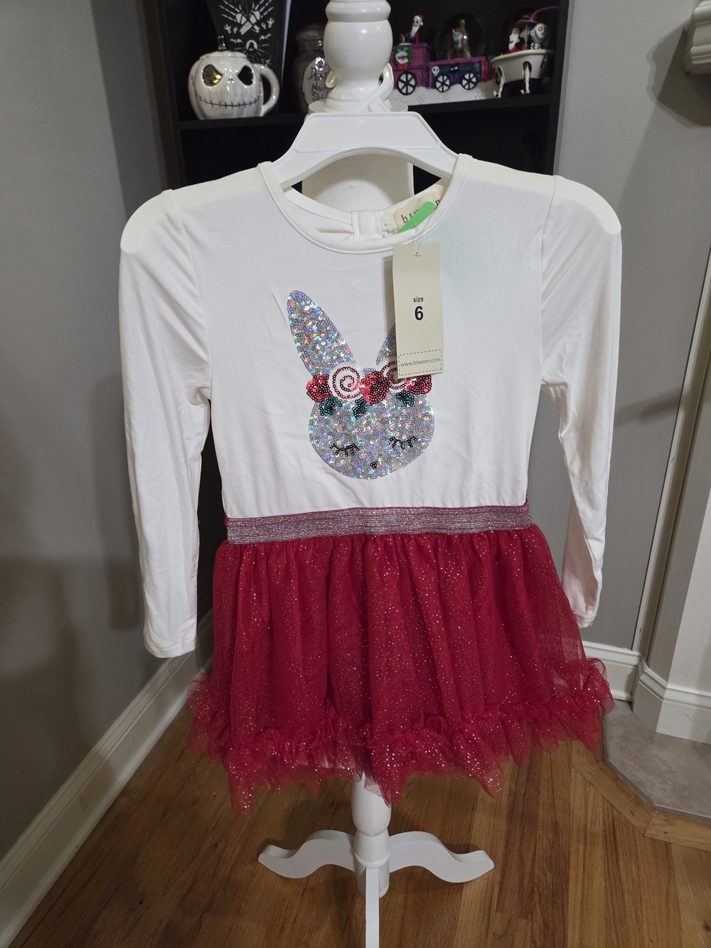btween White Long-Sleeve Top with Red Glitter Tutu & Sequin Bunny